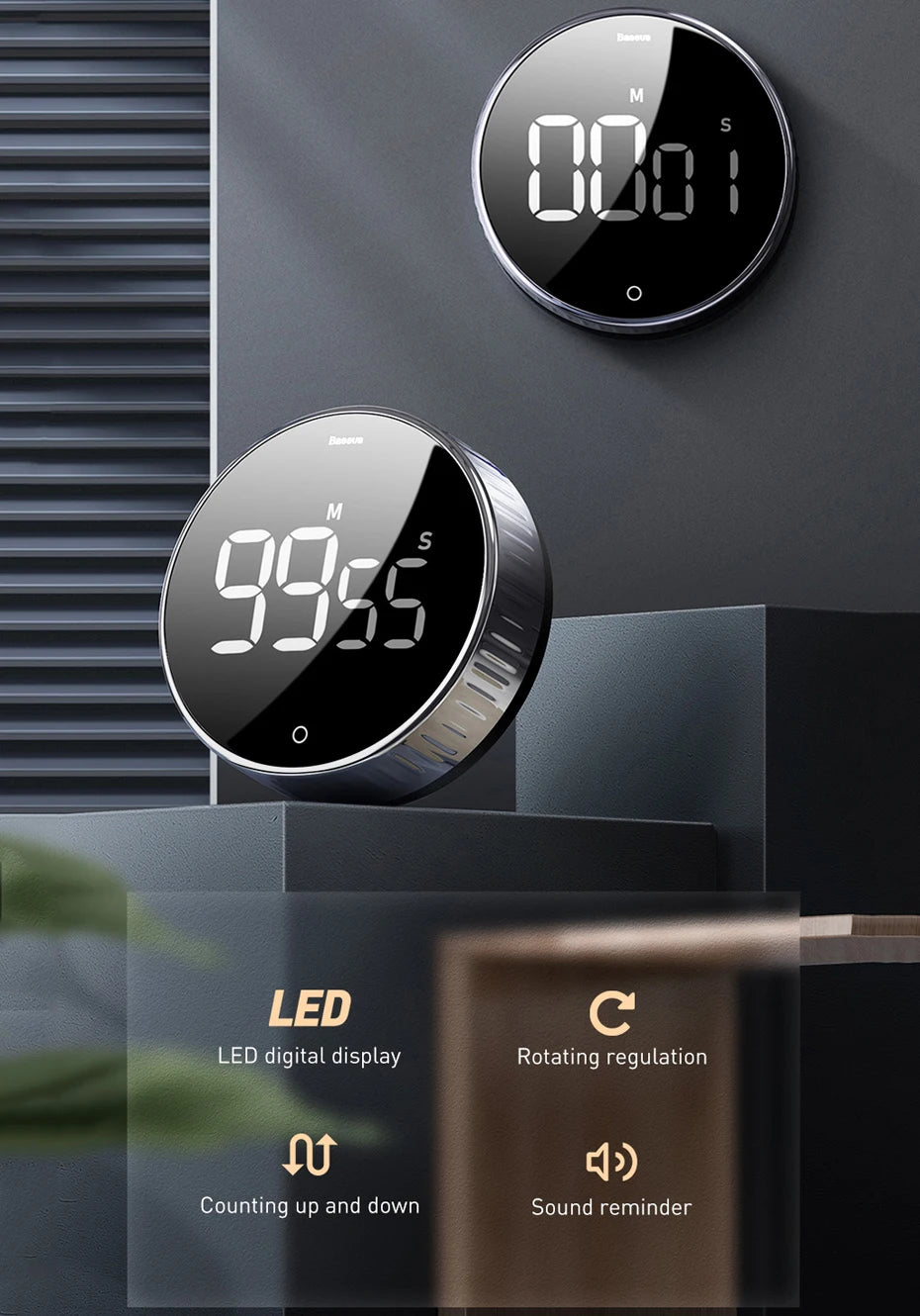 Baseus Temporizador de cocina magnético Temporizador digital Cuenta regresiva manual Reloj despertador Temporizador de cocina mecánico Cocina Ducha Estudio Cronómetro