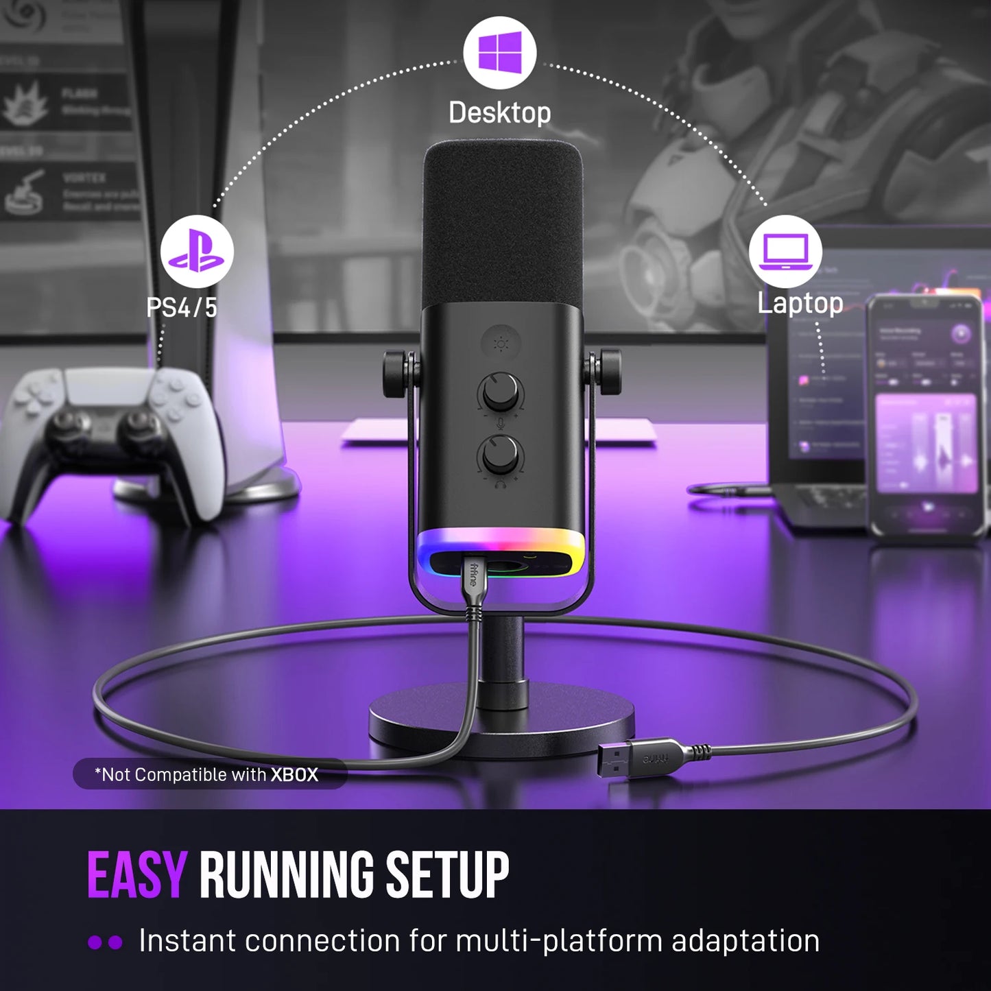 Micrófono dinámico FIFINE USB/XLR con Control RGB/conector para auriculares/mú, micrófono para grabación de Streaming AmpliGame-AM8