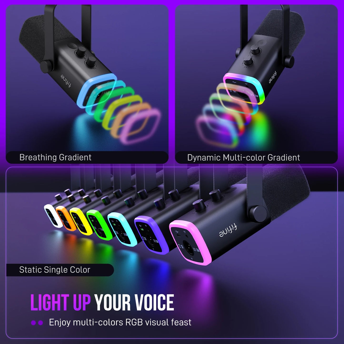 Micrófono dinámico FIFINE USB/XLR con Control RGB/conector para auriculares/mú, micrófono para grabación de Streaming AmpliGame-AM8