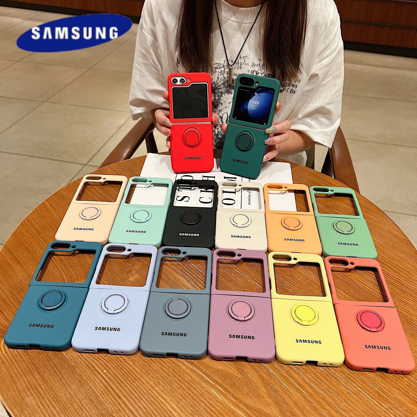 Funda de teléfono con soporte de anillo de silicona líquida de Color caramelo oficial de lujo Samsung Galaxy Z Flip 7 6 5 4 3 funda protectora a prueba de golpes