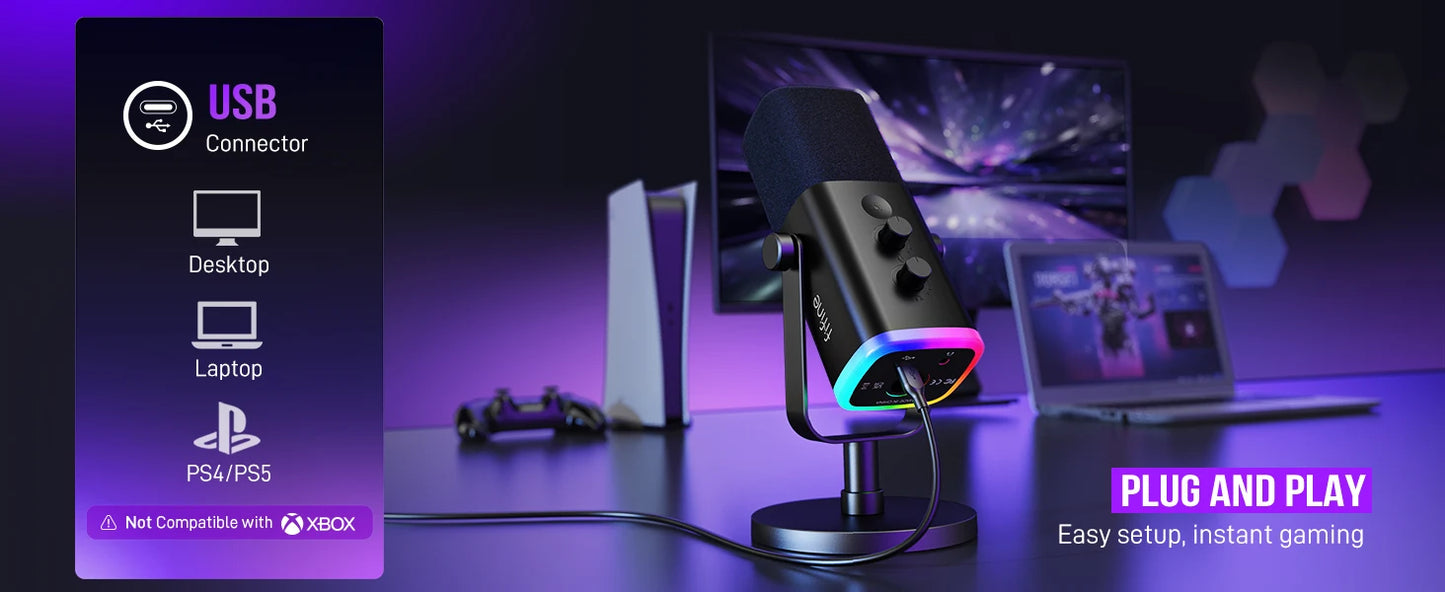 Micrófono dinámico FIFINE USB/XLR con Control RGB/conector para auriculares/mú, micrófono para grabación de Streaming AmpliGame-AM8