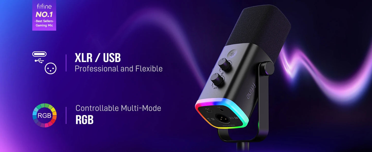 Micrófono dinámico FIFINE USB/XLR con Control RGB/conector para auriculares/mú, micrófono para grabación de Streaming AmpliGame-AM8