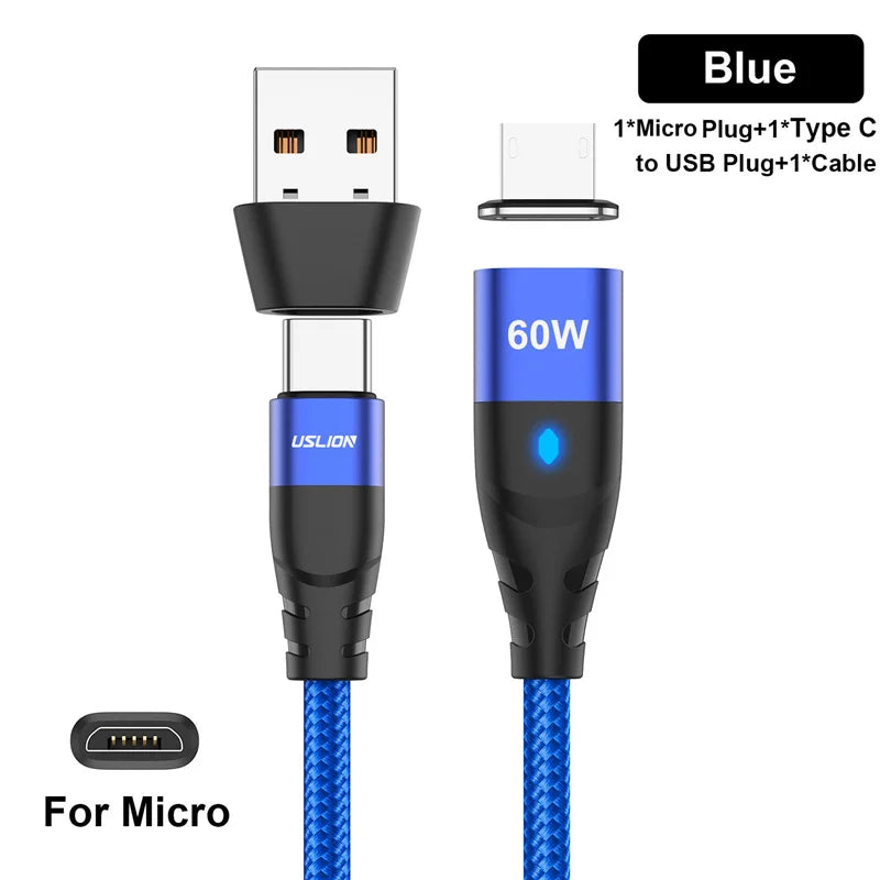 USLION 60W PD Cable cargador rápido USB C a tipo C Cable de datos micro magnético 3A Cable USB para iPhone 13 Macbook Huawei Samsung S22