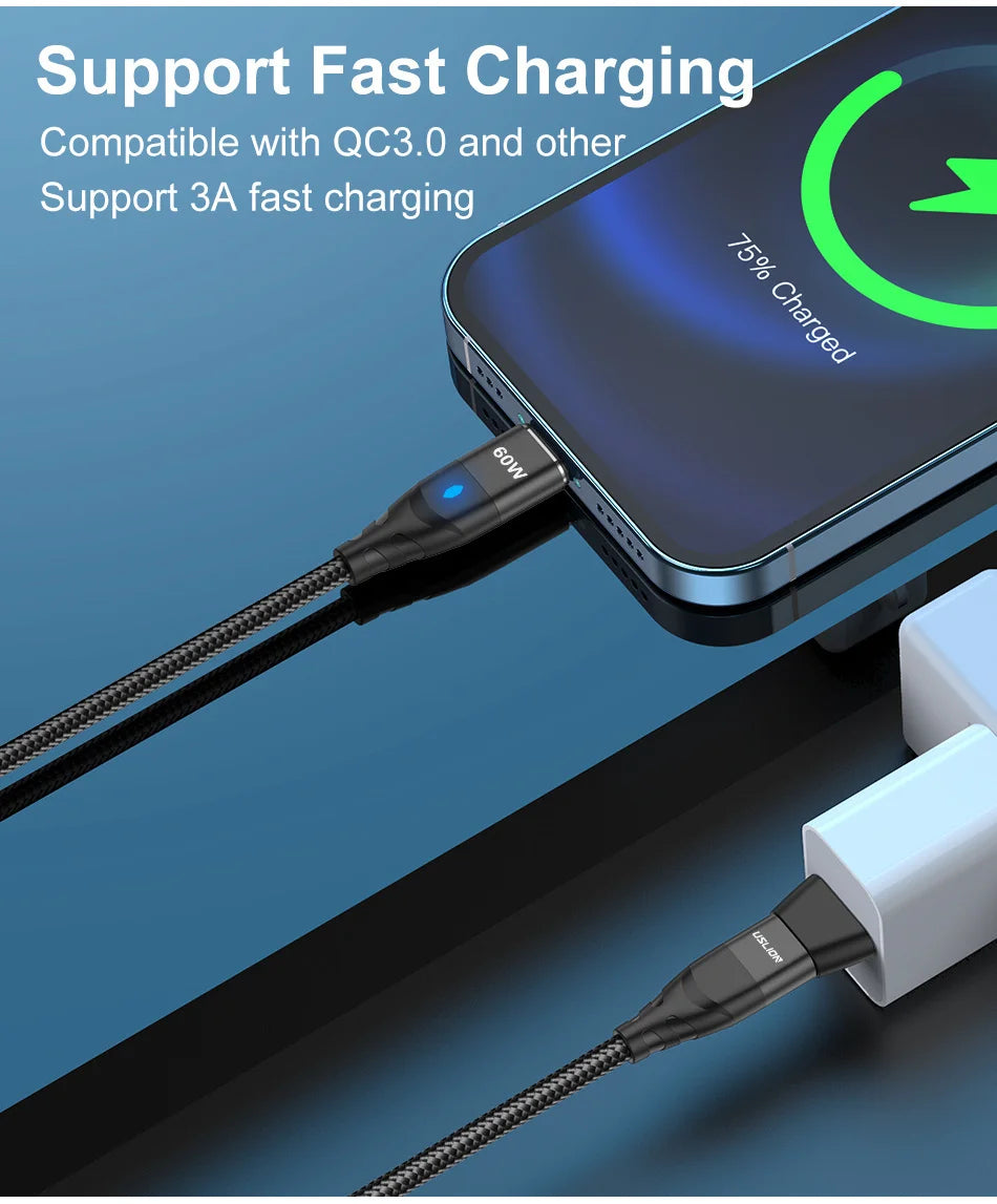 USLION 60W PD Cable cargador rápido USB C a tipo C Cable de datos micro magnético 3A Cable USB para iPhone 13 Macbook Huawei Samsung S22