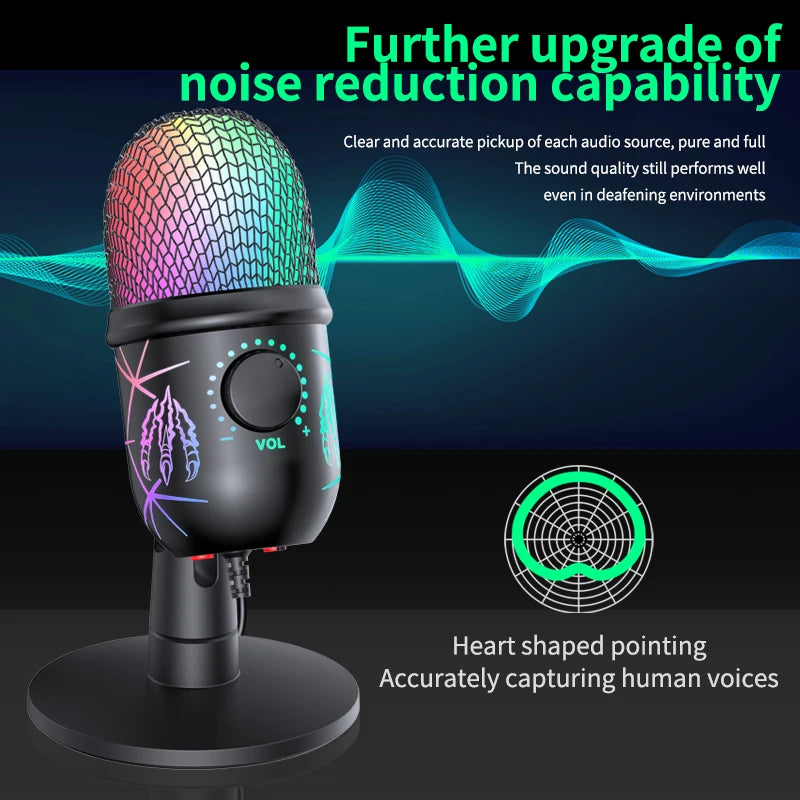 Micrófono USB para juegos, micrófono para PC, Mac, PS4/5, micrófono de Podcast con Monitor silencioso RGB, reducción de ruido para grabar Streaming