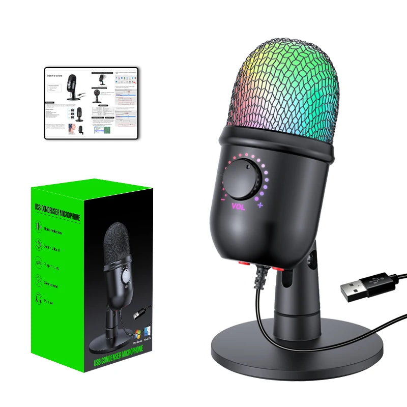 Micrófono USB para juegos, micrófono para PC, Mac, PS4/5, micrófono de Podcast con Monitor silencioso RGB, reducción de ruido para grabar Streaming