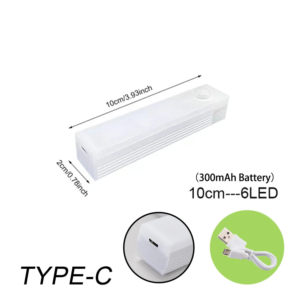 Luz LED nocturna inalámbrica con Sensor de movimiento, luz recargable tipo C para armario, lámpara de armario, retroiluminación de escalera para cocina LED