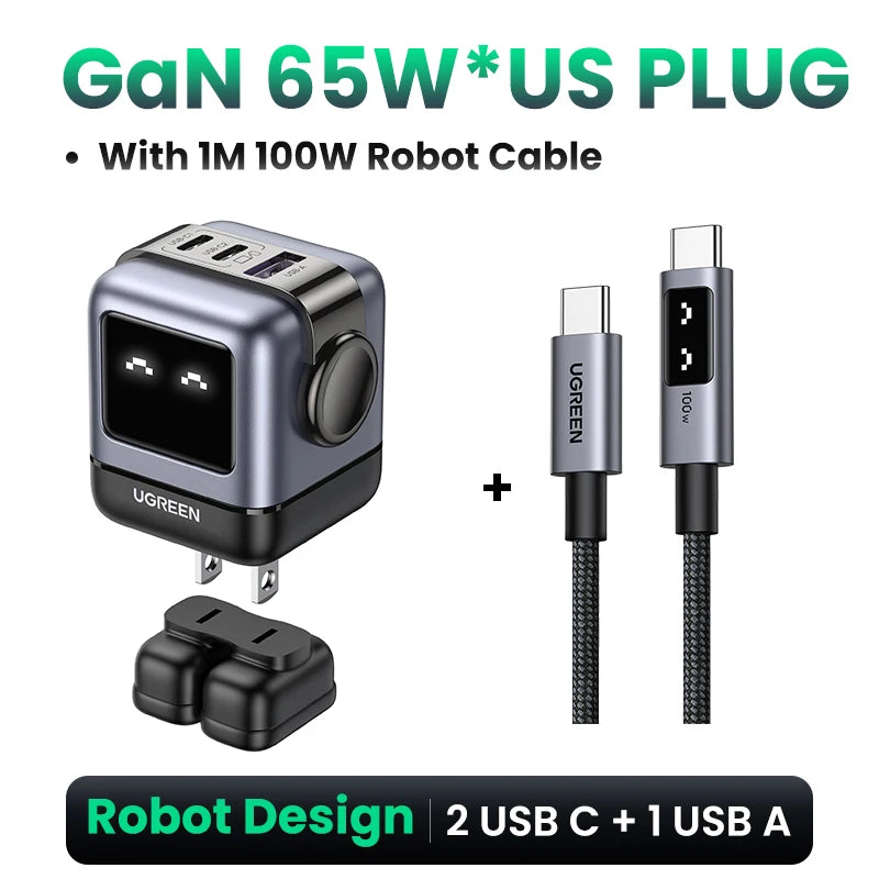 Cargador Robot Uno 100W GaN, cargador QC4.0 3,0 PPS para iPhone 16, 15, 14 Pro, Macbook, tableta, carga rápida