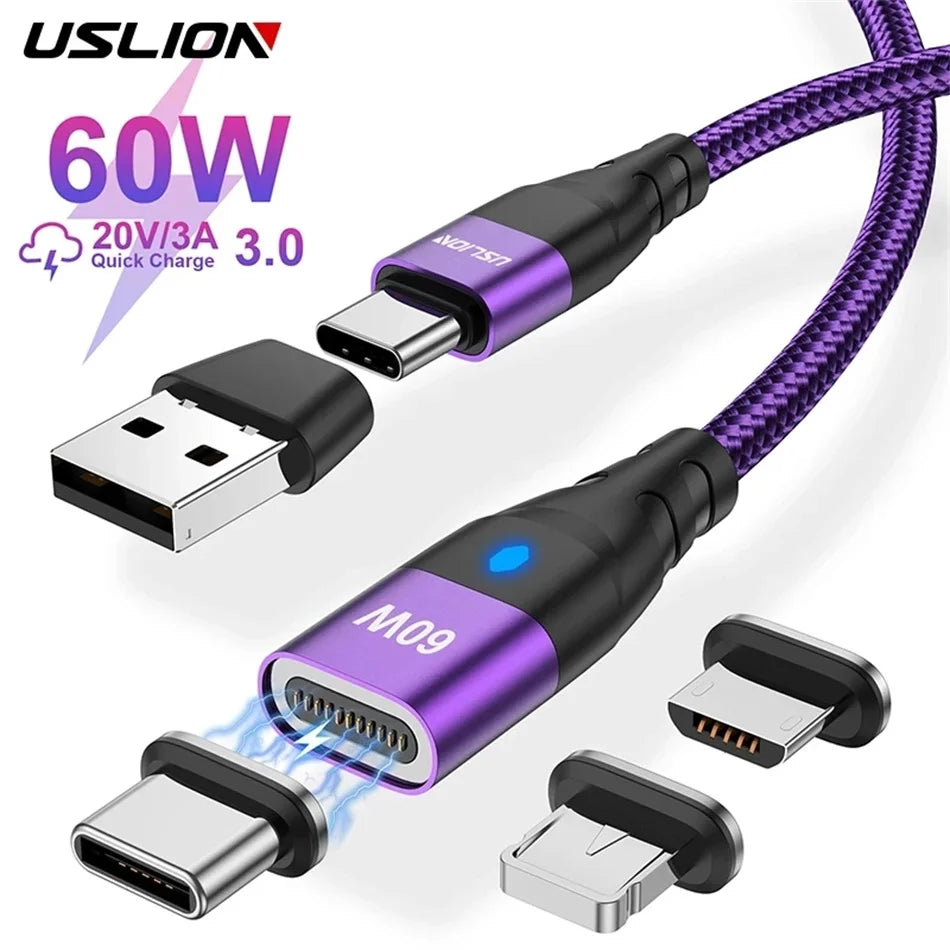 USLION 60W PD Cable cargador rápido USB C a tipo C Cable de datos micro magnético 3A Cable USB para iPhone 13 Macbook Huawei Samsung S22