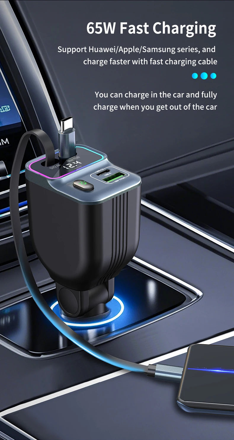 Cargador de coche escalable Cargador de coche de carga rápida 4 en 1 con cable retráctil de 72 W y puerto USB PD65W compatible con adaptador tipo C