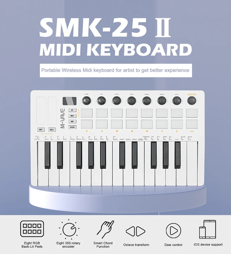 Controlador MIDI Teclado USB Mini 25 teclas, 16 almohadillas de batería RGB, 8 perillas y producción musical, software incluido, M-VAVE SMK-25 II