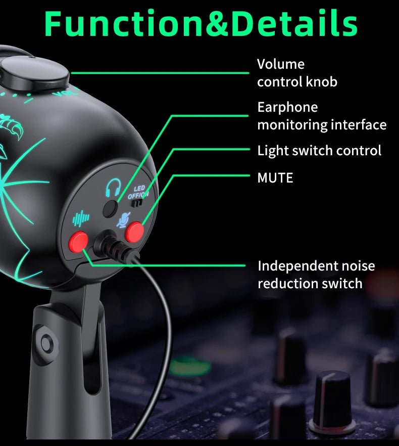 Micrófono USB para juegos, micrófono para PC, Mac, PS4/5, micrófono de Podcast con Monitor silencioso RGB, reducción de ruido para grabar Streaming