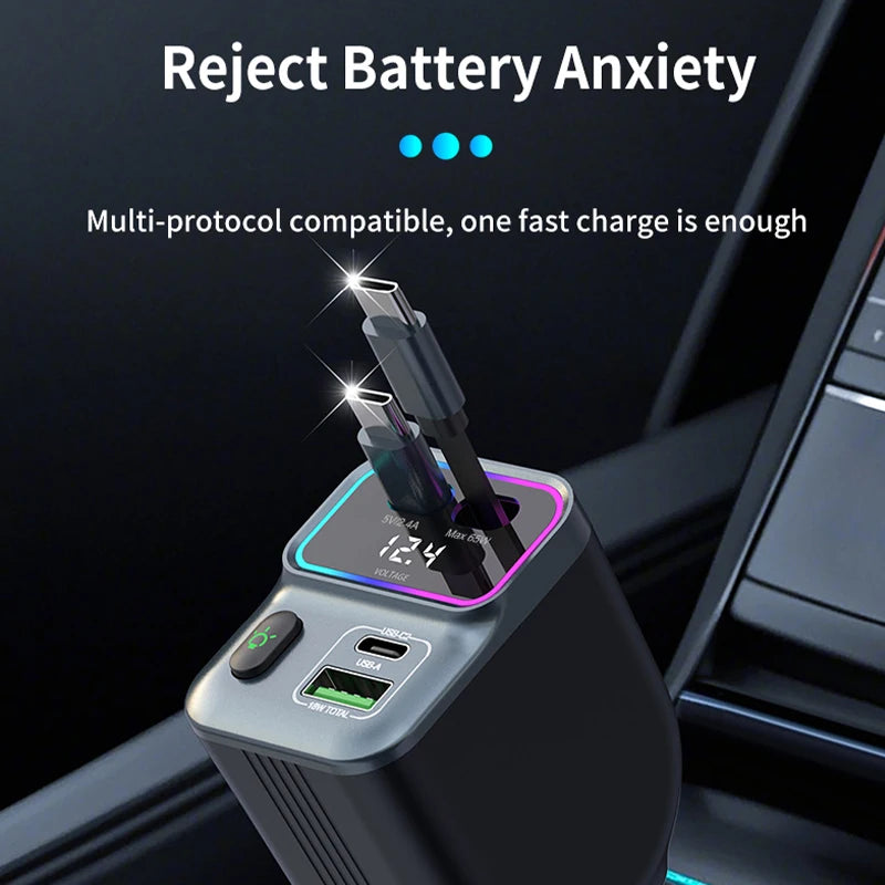 Cargador de coche escalable Cargador de coche de carga rápida 4 en 1 con cable retráctil de 72 W y puerto USB PD65W compatible con adaptador tipo C