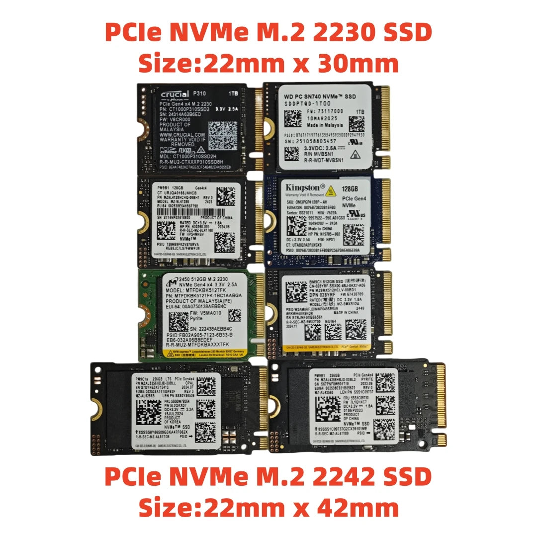 SSD interno NVMe PCIe M.2 2230 / 2242 empaquetado por OEM Samsung BM9C1/PM9B1/PM9C1A/PM991A y WD SN740 y Crucial P310 y Micron 2450