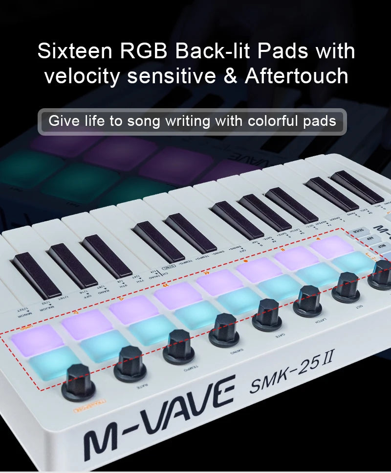 Controlador MIDI Teclado USB Mini 25 teclas, 16 almohadillas de batería RGB, 8 perillas y producción musical, software incluido, M-VAVE SMK-25 II