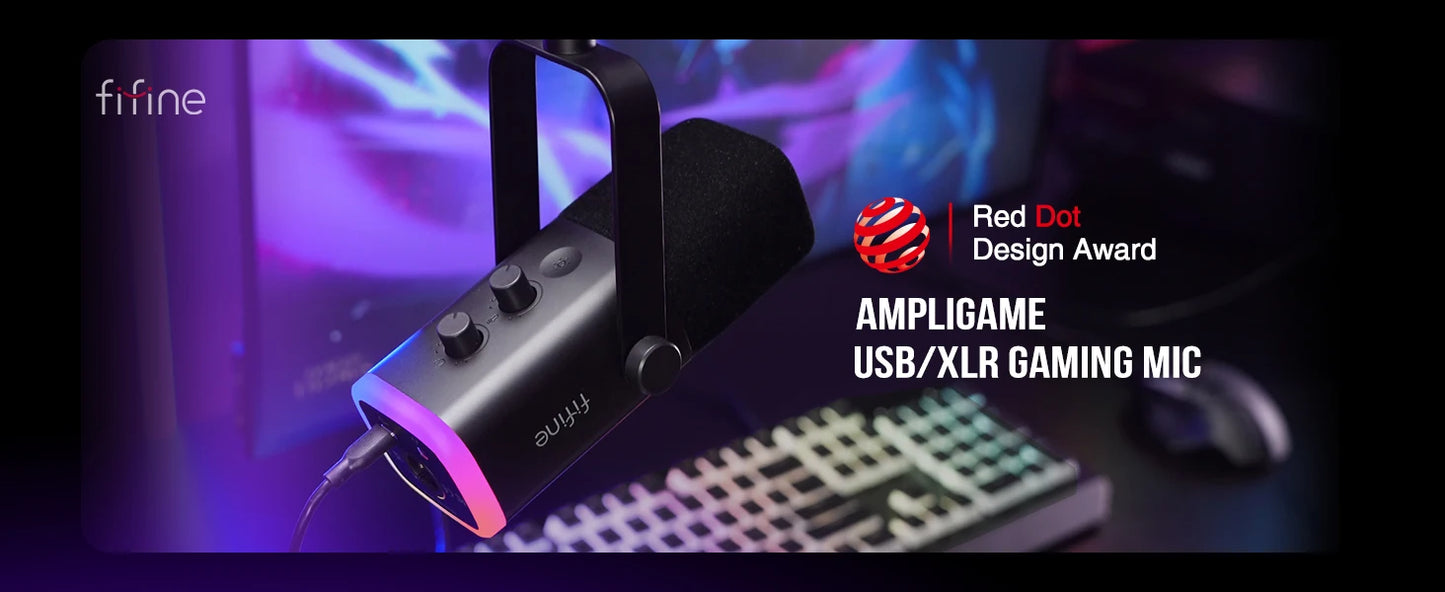 Micrófono dinámico FIFINE USB/XLR con Control RGB/conector para auriculares/mú, micrófono para grabación de Streaming AmpliGame-AM8