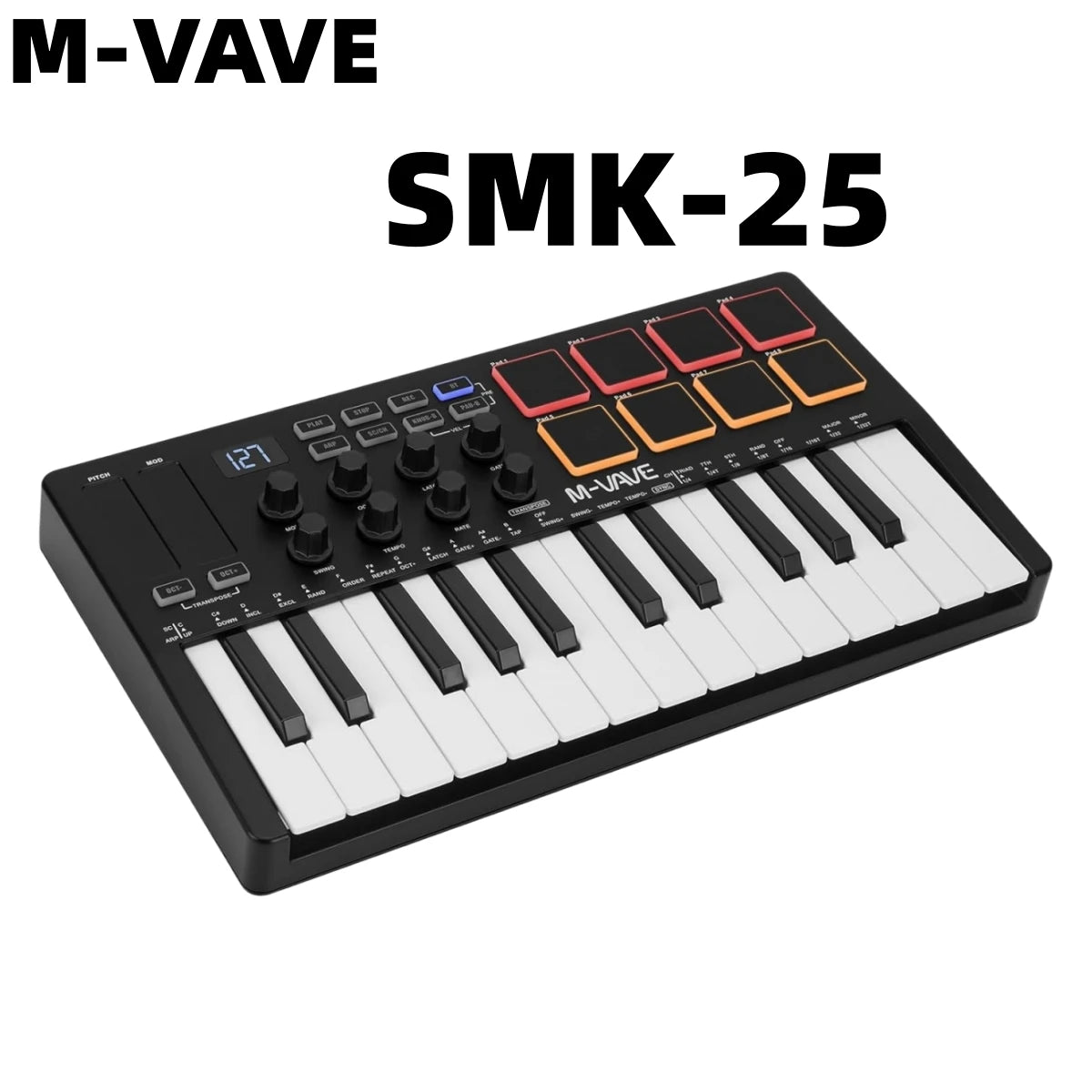 Controlador MIDI Teclado USB Mini 25 teclas, 16 almohadillas de batería RGB, 8 perillas y producción musical, software incluido, M-VAVE SMK-25 II