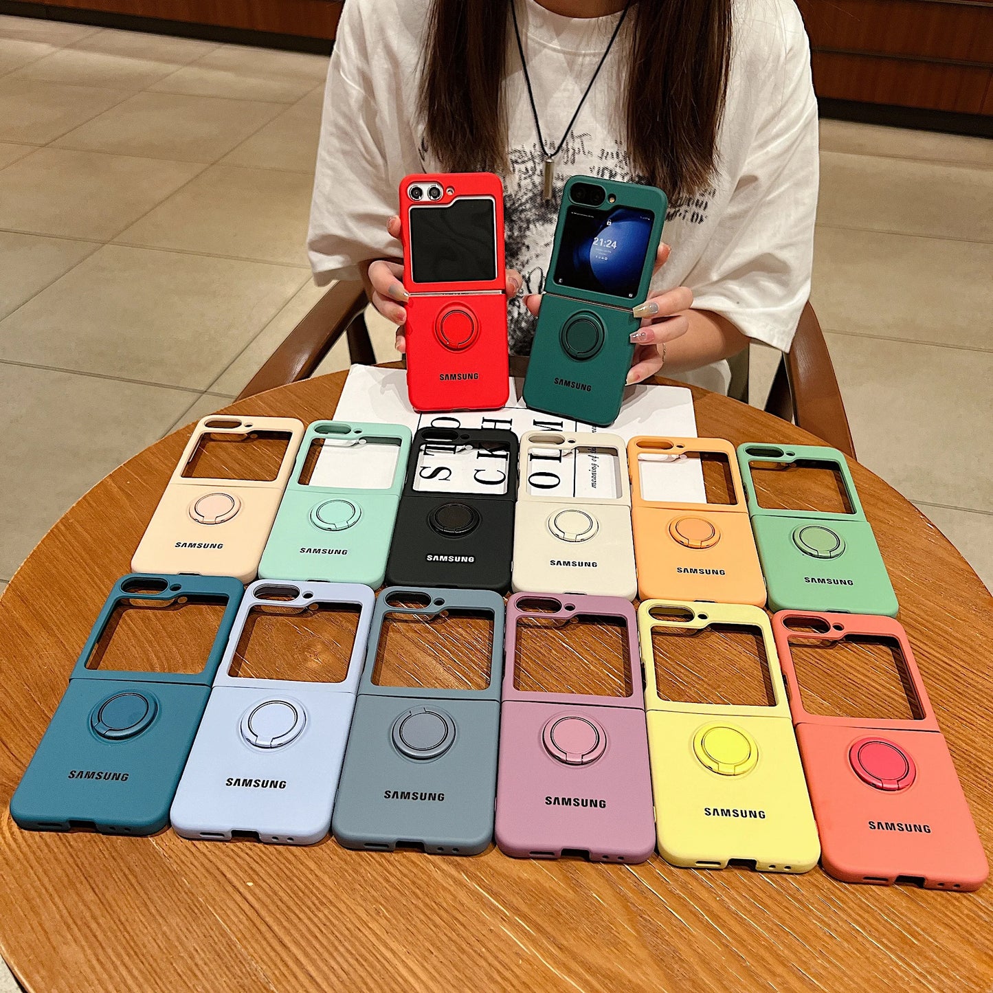 Funda de teléfono con soporte de anillo de silicona líquida de Color caramelo oficial de lujo Samsung Galaxy Z Flip 7 6 5 4 3 funda protectora a prueba de golpes