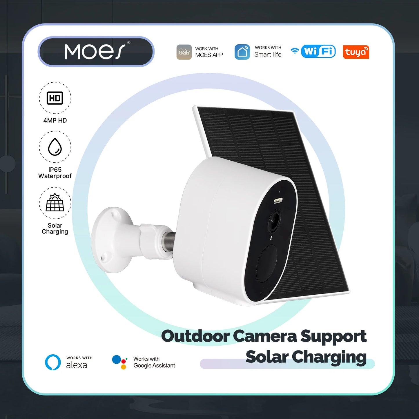 Cámara de seguridad HD inteligente carga Solar IP65 impermeable a todo Color visión nocturna funciona con Alexa Google Home, MOES Tuya WiFi 4MP HD