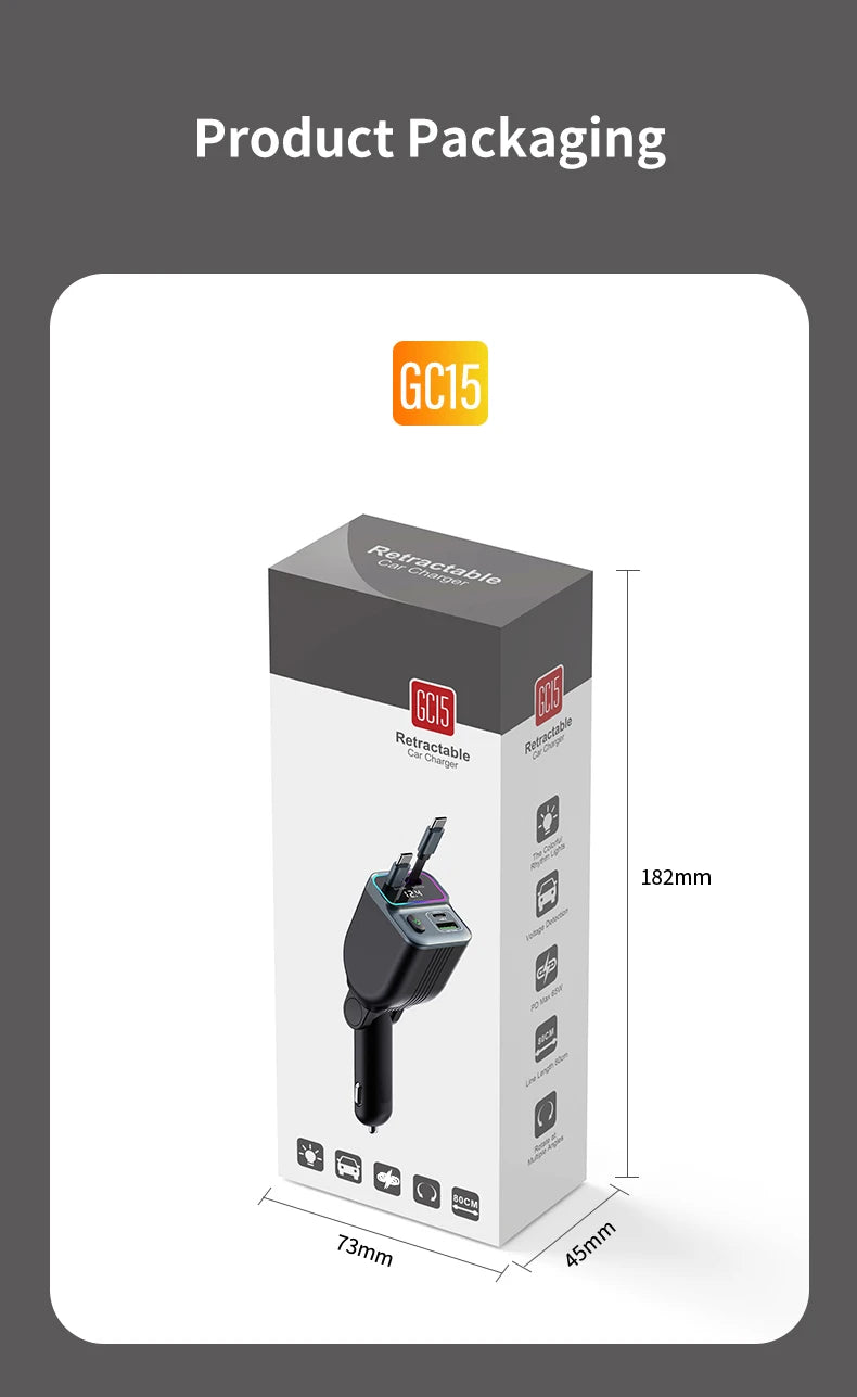 Cargador de coche escalable Cargador de coche de carga rápida 4 en 1 con cable retráctil de 72 W y puerto USB PD65W compatible con adaptador tipo C