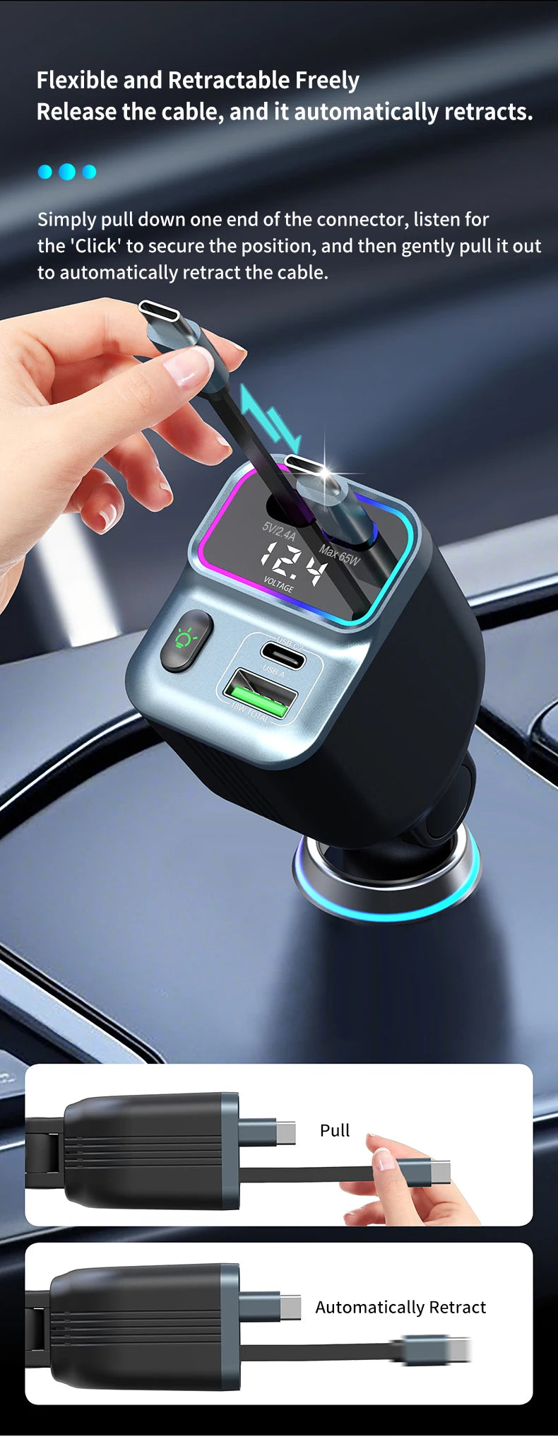 Cargador de coche escalable Cargador de coche de carga rápida 4 en 1 con cable retráctil de 72 W y puerto USB PD65W compatible con adaptador tipo C