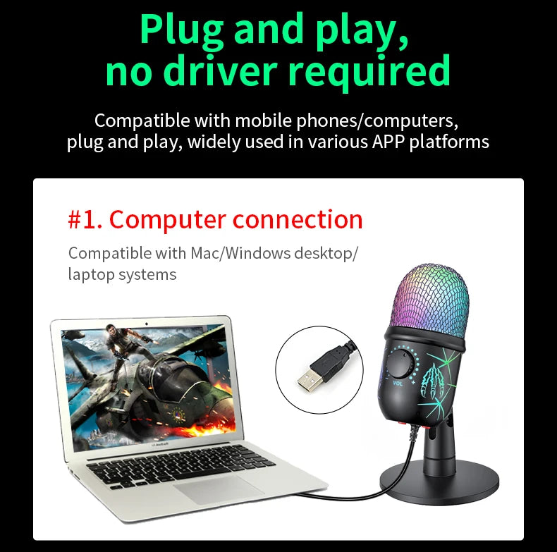 Micrófono USB para juegos, micrófono para PC, Mac, PS4/5, micrófono de Podcast con Monitor silencioso RGB, reducción de ruido para grabar Streaming