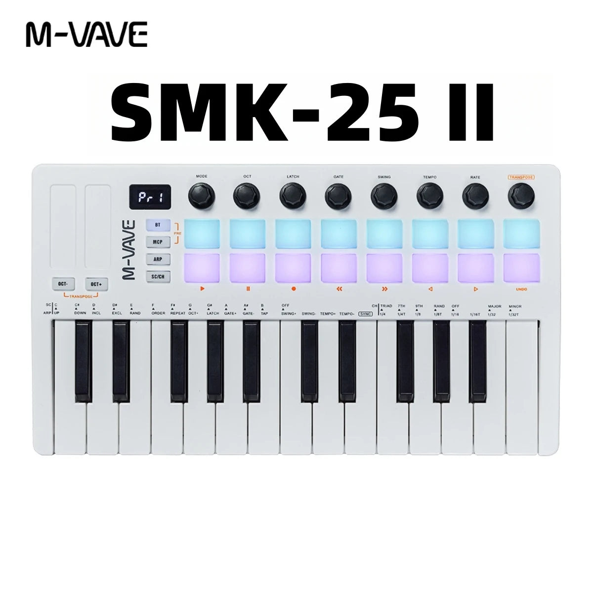 Controlador MIDI Teclado USB Mini 25 teclas, 16 almohadillas de batería RGB, 8 perillas y producción musical, software incluido, M-VAVE SMK-25 II