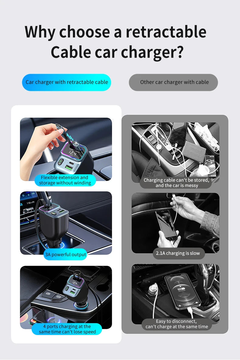 Cargador de coche escalable Cargador de coche de carga rápida 4 en 1 con cable retráctil de 72 W y puerto USB PD65W compatible con adaptador tipo C