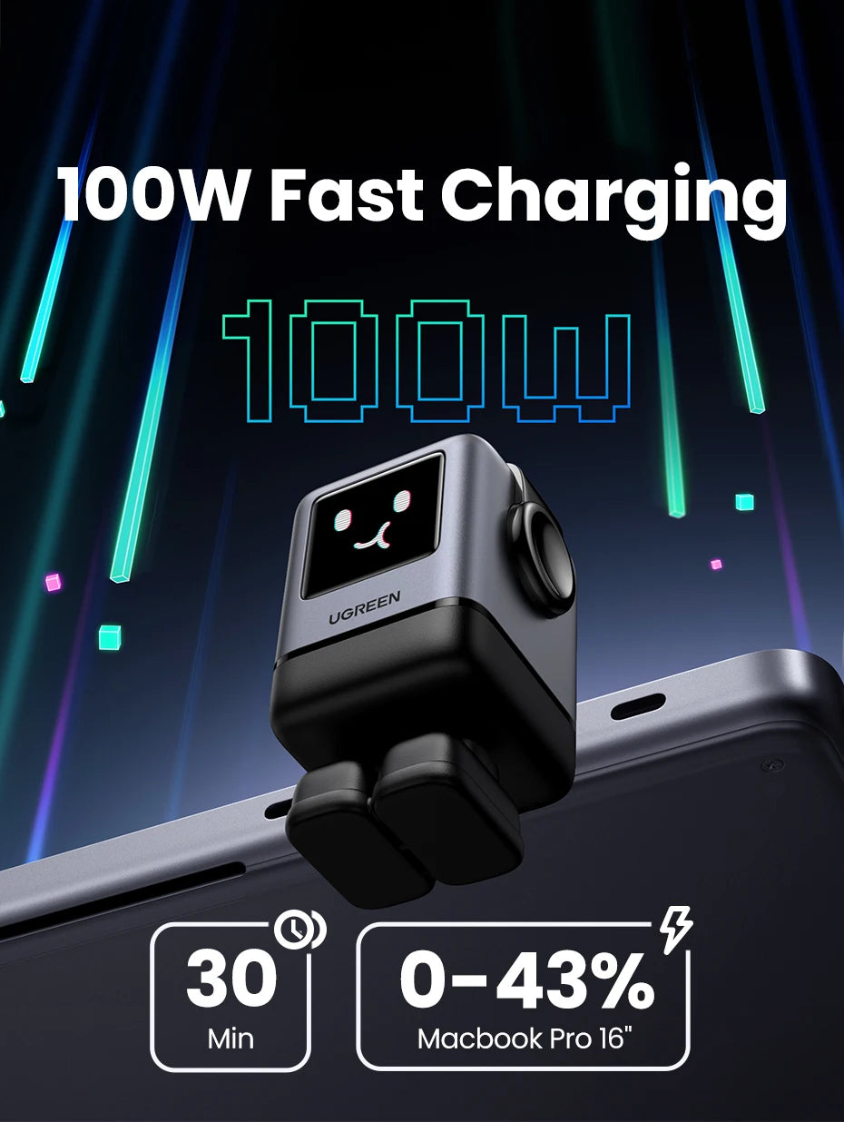 Cargador Robot Uno 100W GaN, cargador QC4.0 3,0 PPS para iPhone 16, 15, 14 Pro, Macbook, tableta, carga rápida