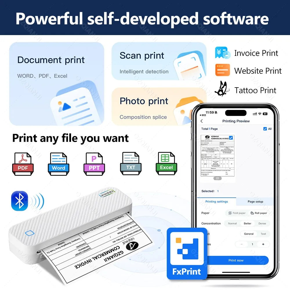 Impresora térmica portátil A4, Bluetooth, fotos, PDF, máquina de impresión de documentos, trabajo, hogar, escuela, viajes