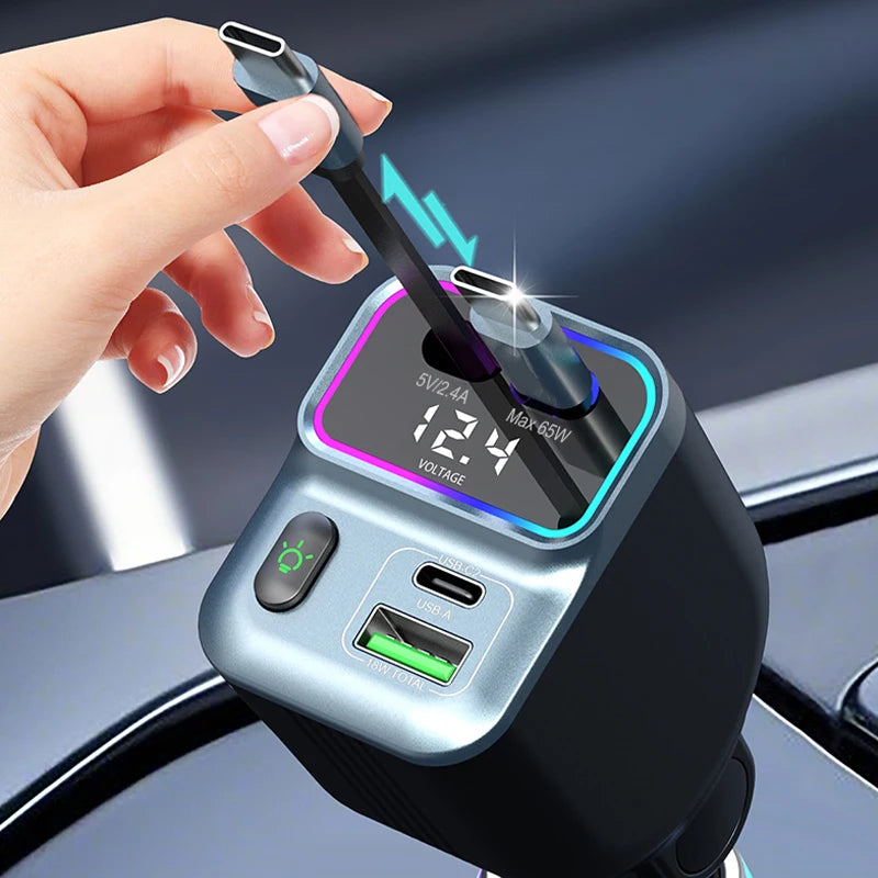Cargador de coche escalable Cargador de coche de carga rápida 4 en 1 con cable retráctil de 72 W y puerto USB PD65W compatible con adaptador tipo C
