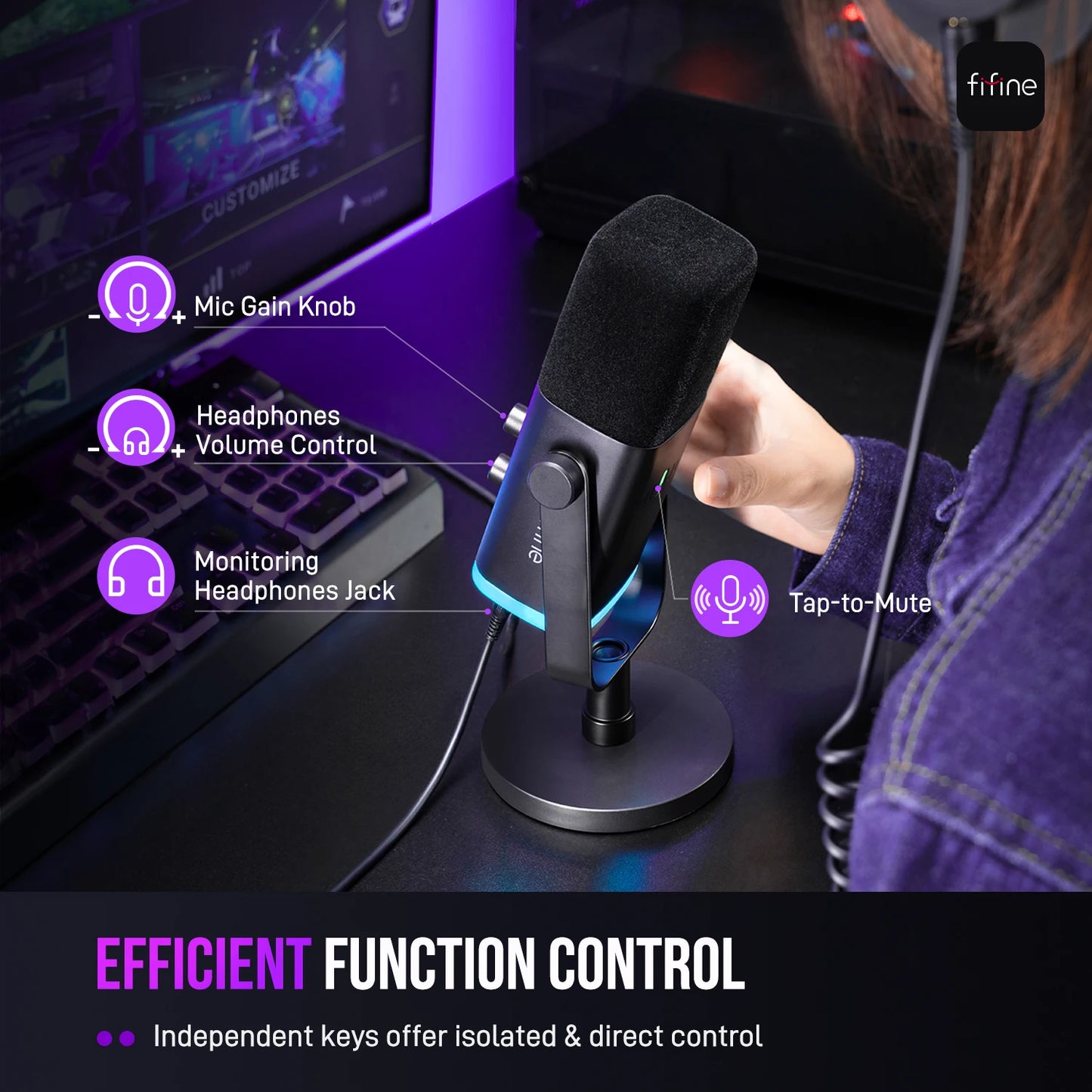Micrófono dinámico FIFINE USB/XLR con Control RGB/conector para auriculares/mú, micrófono para grabación de Streaming AmpliGame-AM8