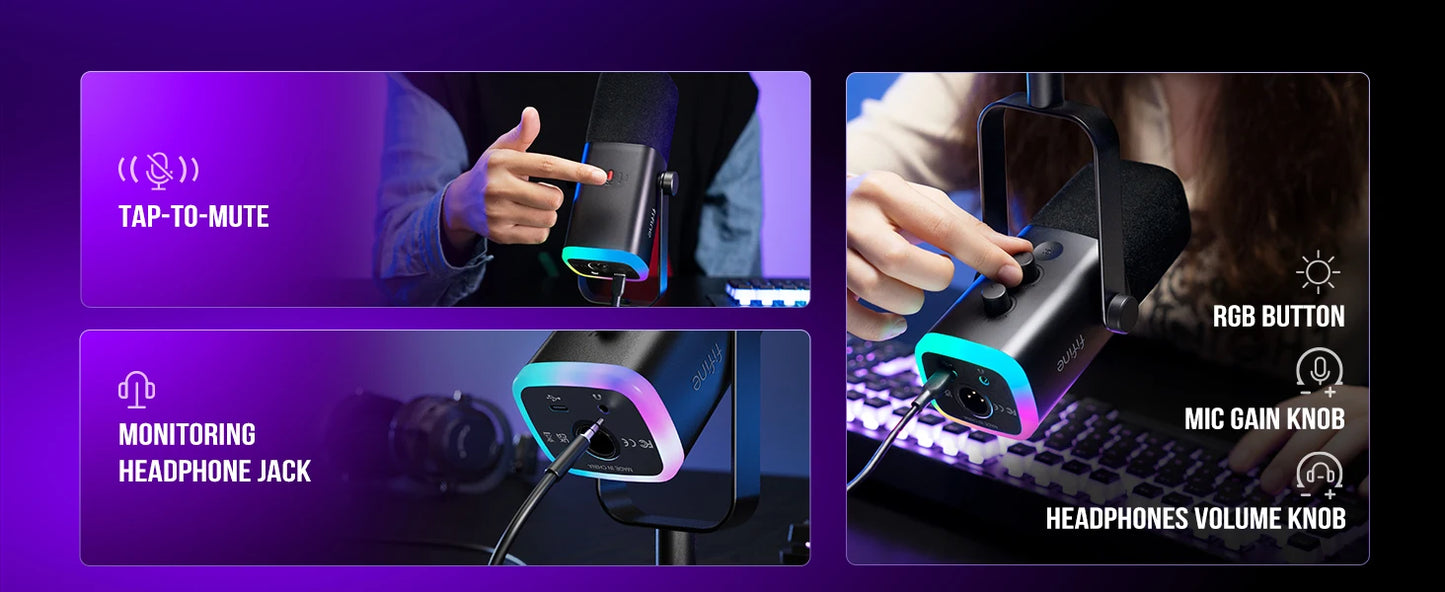 Micrófono dinámico FIFINE USB/XLR con Control RGB/conector para auriculares/mú, micrófono para grabación de Streaming AmpliGame-AM8