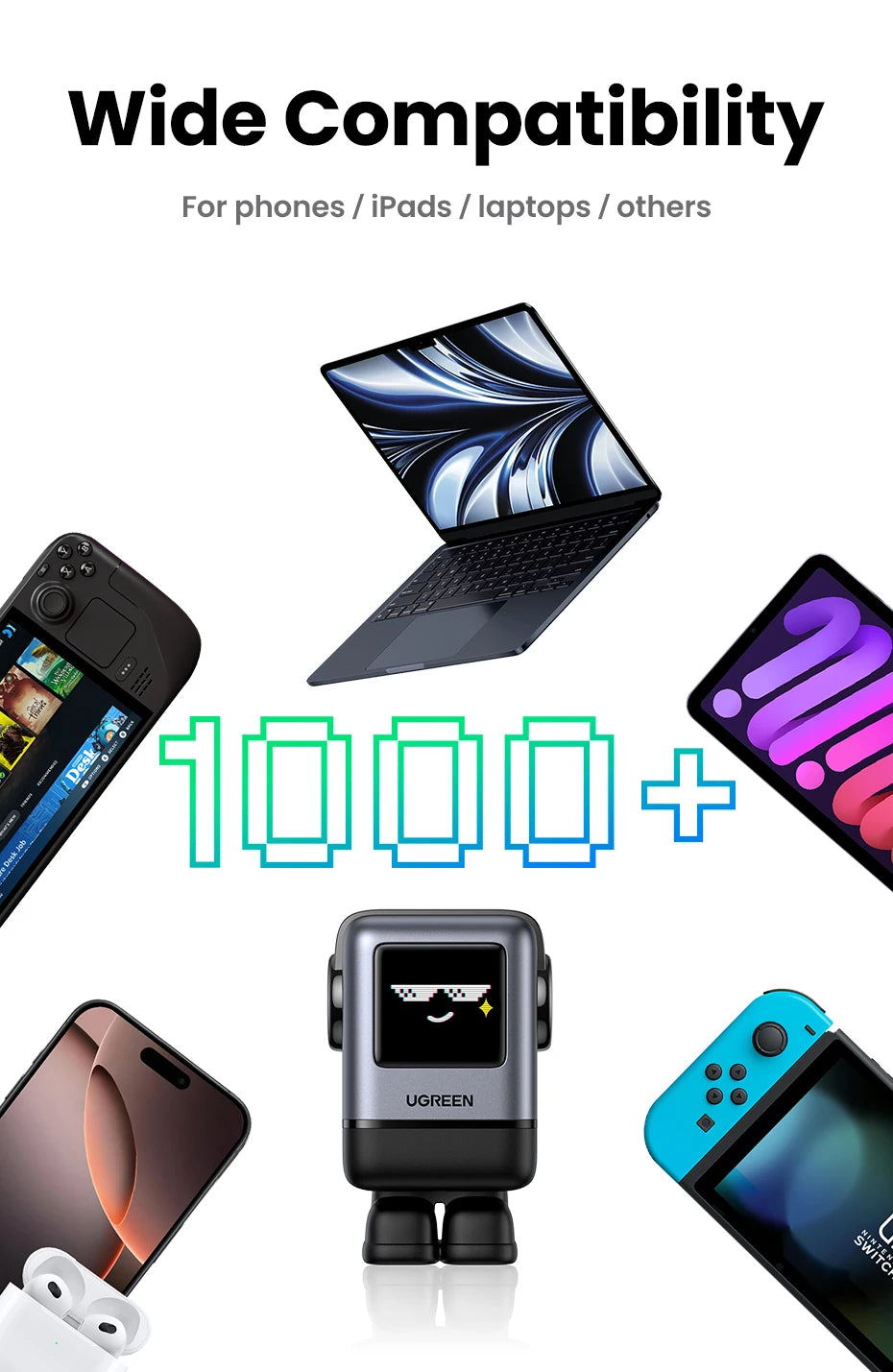 Cargador Robot Uno 100W GaN, cargador QC4.0 3,0 PPS para iPhone 16, 15, 14 Pro, Macbook, tableta, carga rápida
