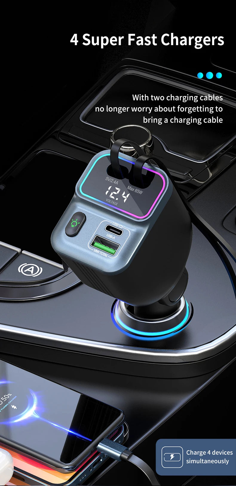 Cargador de coche escalable Cargador de coche de carga rápida 4 en 1 con cable retráctil de 72 W y puerto USB PD65W compatible con adaptador tipo C