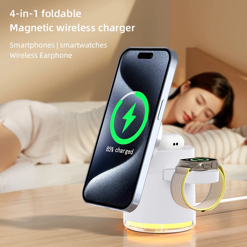 Cargador inalámbrico 4 en 1 QI2, base de carga rápida, luz nocturna para Magsafe iPhone 16 15 14 Pro Max Airpods Pro 2-8 Apple Watch