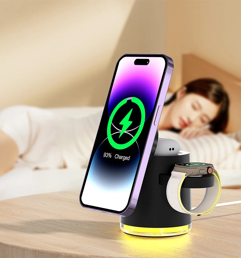 Cargador inalámbrico 4 en 1 QI2, base de carga rápida, luz nocturna para Magsafe iPhone 16 15 14 Pro Max Airpods Pro 2-8 Apple Watch