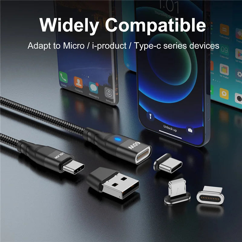 USLION 60W PD Cable cargador rápido USB C a tipo C Cable de datos micro magnético 3A Cable USB para iPhone 13 Macbook Huawei Samsung S22