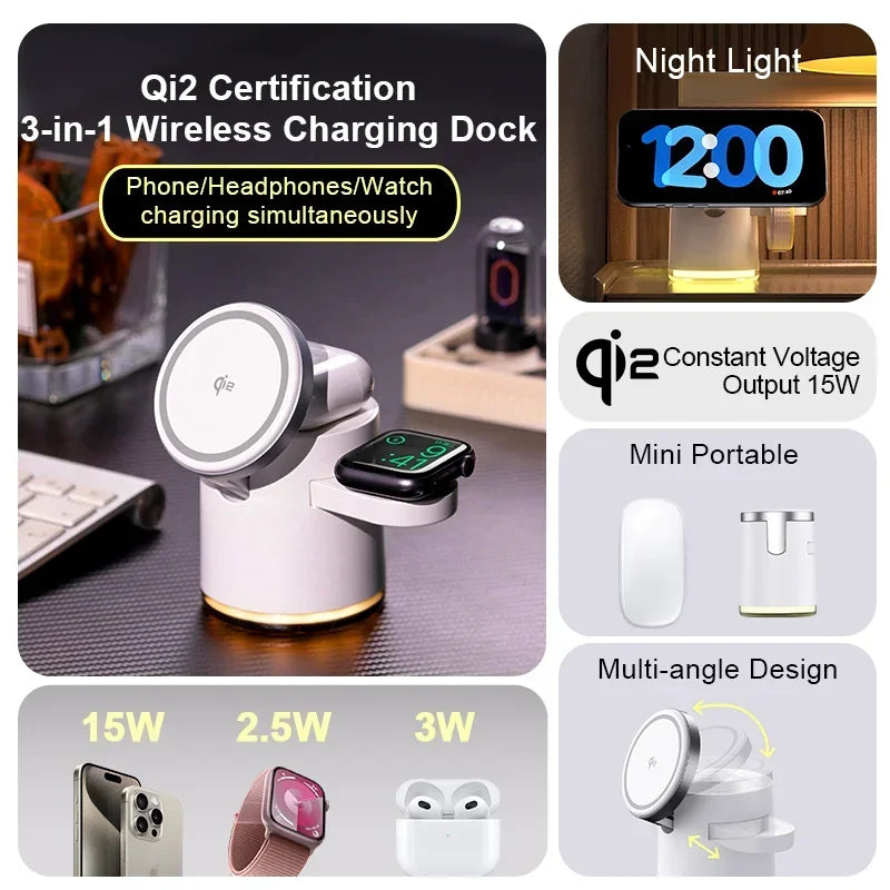 Cargador inalámbrico 4 en 1 QI2, base de carga rápida, luz nocturna para Magsafe iPhone 16 15 14 Pro Max Airpods Pro 2-8 Apple Watch