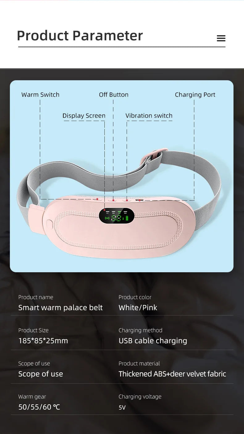 Cinturón calefactor, almohadillas térmicas menstruales, cinturón de alivio del período de compresión caliente, masaje de calefacción Abdominal recargable por USB