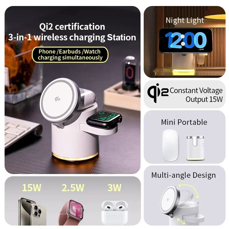 Cargador inalámbrico 4 en 1 QI2, base de carga rápida, luz nocturna para Magsafe iPhone 16 15 14 Pro Max Airpods Pro 2-8 Apple Watch