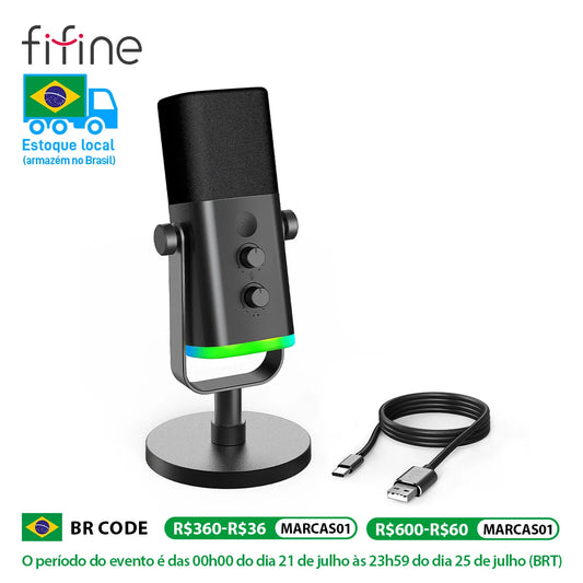 Micrófono dinámico FIFINE USB/XLR con Control RGB/conector para auriculares/mú, micrófono para grabación de Streaming AmpliGame-AM8