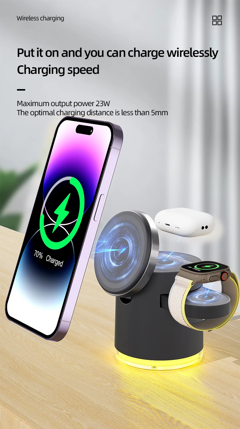 Cargador inalámbrico 4 en 1 QI2, base de carga rápida, luz nocturna para Magsafe iPhone 16 15 14 Pro Max Airpods Pro 2-8 Apple Watch