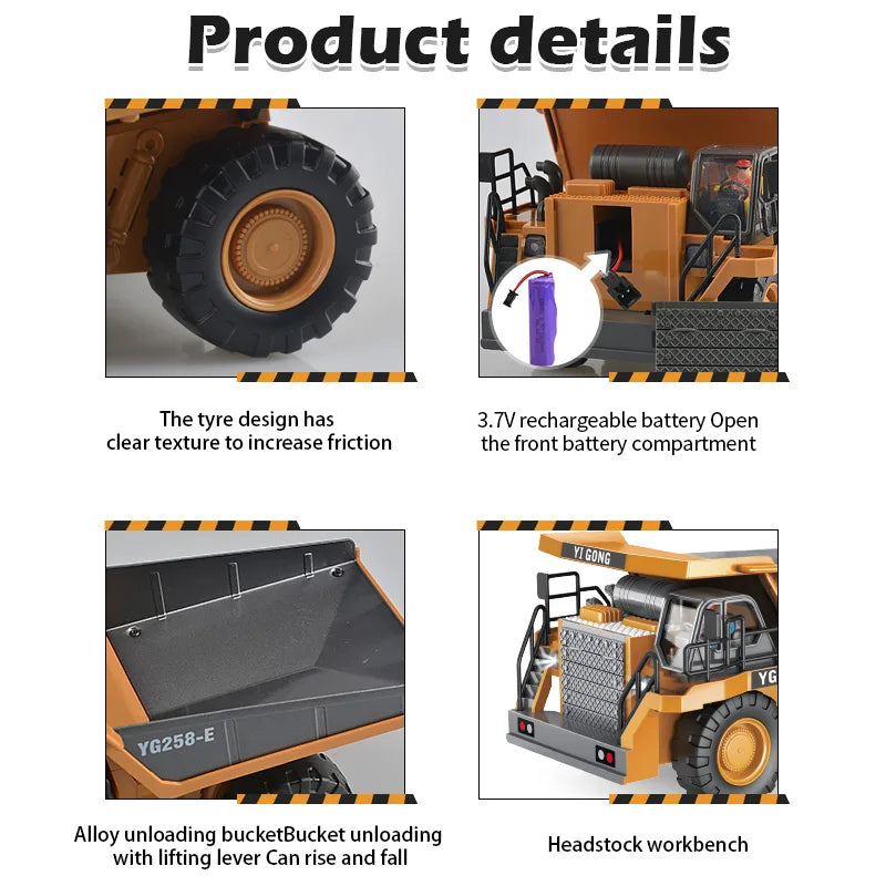 Camión volquete de aleación 1:24 9CH RC, vehículo de ingeniería, carretilla elevadora, excavadora pesada, coche de Control remoto, juguetes para niños, regalos