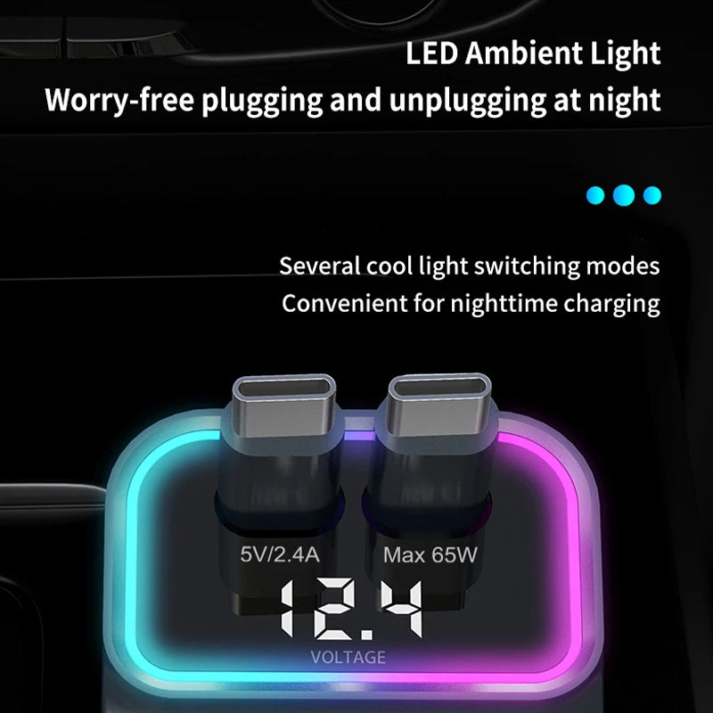 Cargador de coche escalable Cargador de coche de carga rápida 4 en 1 con cable retráctil de 72 W y puerto USB PD65W compatible con adaptador tipo C
