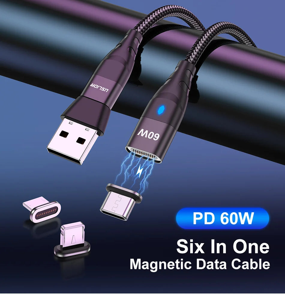 USLION 60W PD Cable cargador rápido USB C a tipo C Cable de datos micro magnético 3A Cable USB para iPhone 13 Macbook Huawei Samsung S22