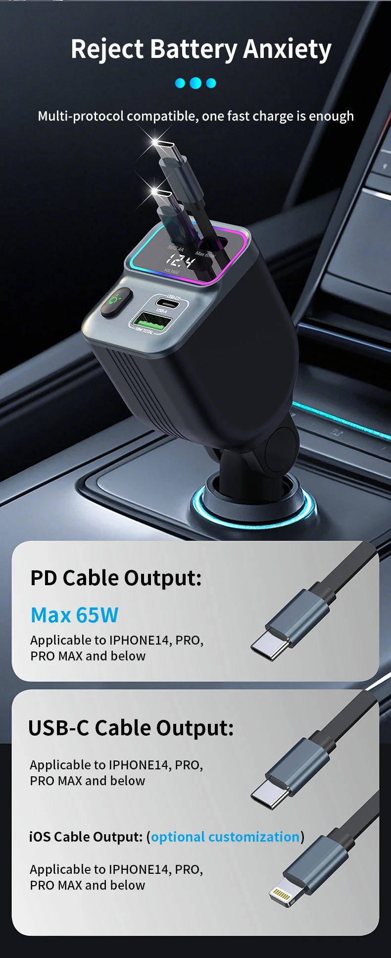 Cargador de coche escalable Cargador de coche de carga rápida 4 en 1 con cable retráctil de 72 W y puerto USB PD65W compatible con adaptador tipo C