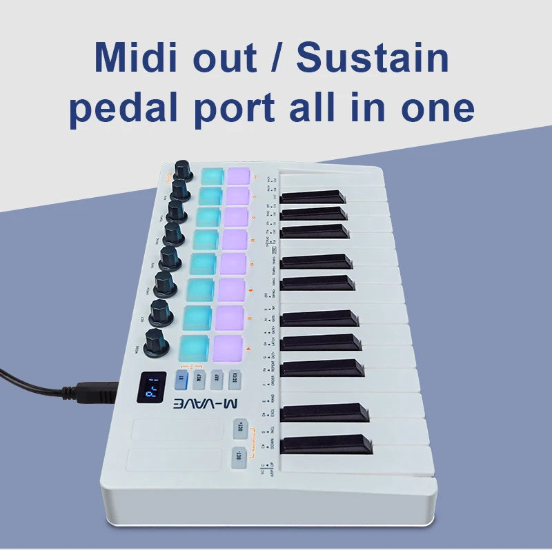Controlador MIDI Teclado USB Mini 25 teclas, 16 almohadillas de batería RGB, 8 perillas y producción musical, software incluido, M-VAVE SMK-25 II