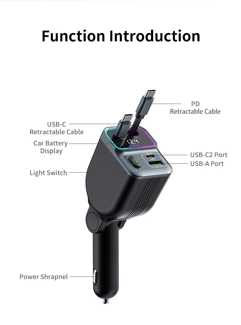 Cargador de coche escalable Cargador de coche de carga rápida 4 en 1 con cable retráctil de 72 W y puerto USB PD65W compatible con adaptador tipo C