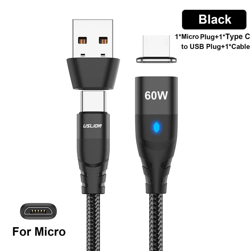 USLION 60W PD Cable cargador rápido USB C a tipo C Cable de datos micro magnético 3A Cable USB para iPhone 13 Macbook Huawei Samsung S22